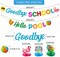 Glittery Goodbye School Hello Pool Banner with Colorful Sunglasses Slippers Flamingo beach ball Signs End of School Year Summer Vacation Banner Garland Beach Pool Splash Bash Summer Party
